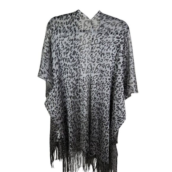 Leopard Print Silver Fringe Shawl Kimono Cover up Mesh Open Front One Size - Picture 2 of 12